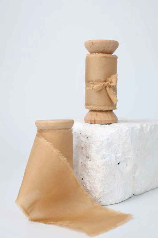Two spools of Camel 100% Habotai Silk ribbon