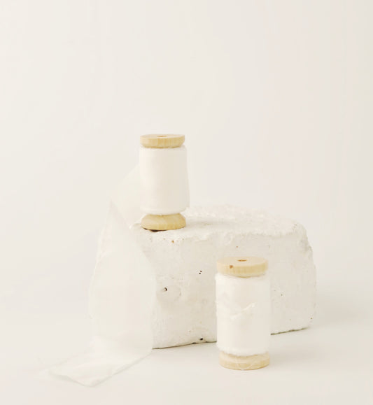 White Silk Habotai on wooden spool for hand tied bridal bouquets and wedding stationary